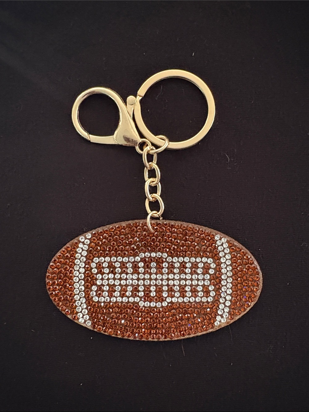 Rhinestone Football Keychain Bag Charm - Brown with Clear Accents